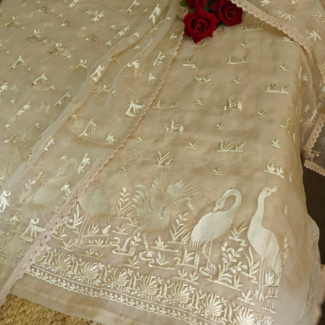 Parsi embroidery Pure Organza with Flamingo Dress material