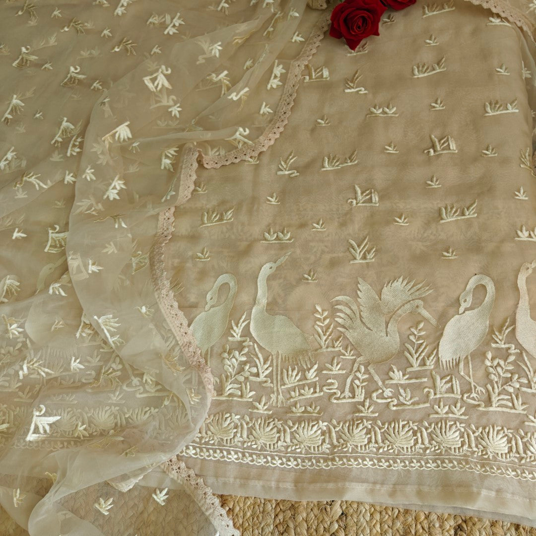 Parsi embroidery Pure Organza with Flamingo Dress material