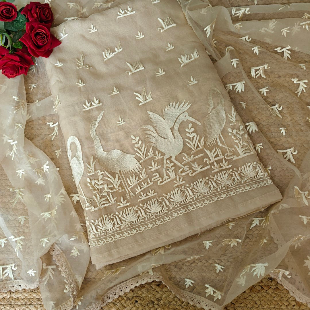 Parsi embroidery Pure Organza with Flamingo Dress material