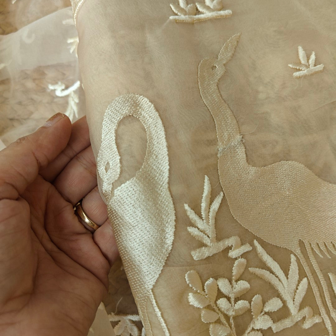 Parsi embroidery Pure Organza with Flamingo Dress material