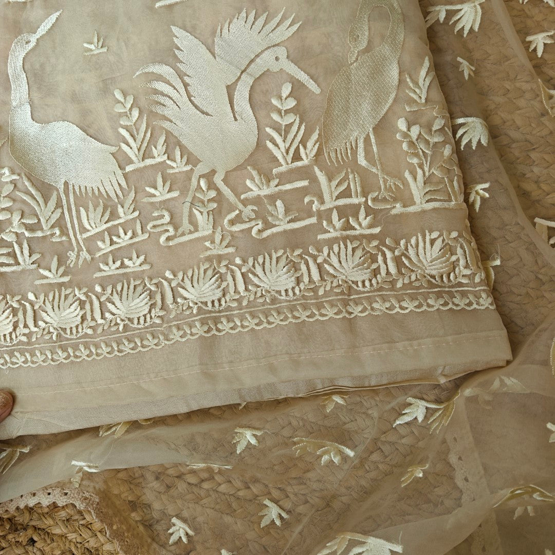Parsi embroidery Pure Organza with Flamingo Dress material