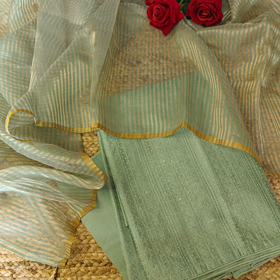 Chiniya tissue dupatta with Pure Chanderi embroidered kurta - Unstitched Suit