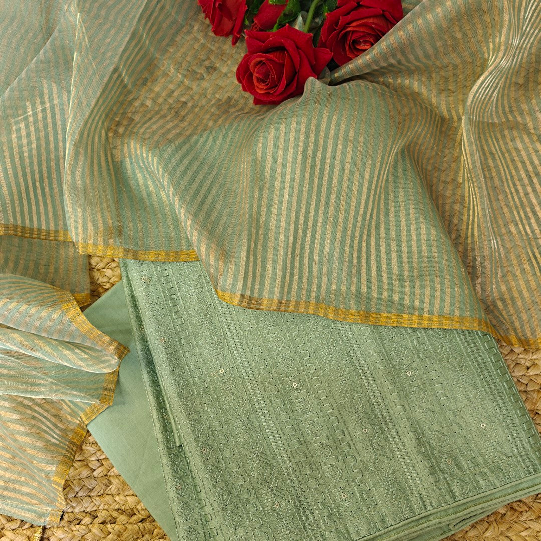 Chiniya tissue dupatta with Pure Chanderi embroidered kurta - Unstitched Suit