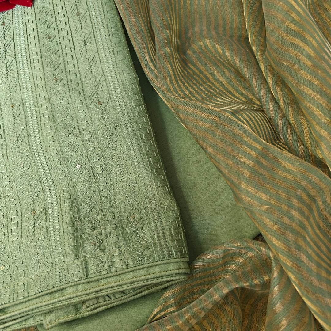 Chiniya tissue dupatta with Pure Chanderi embroidered kurta - Unstitched Suit
