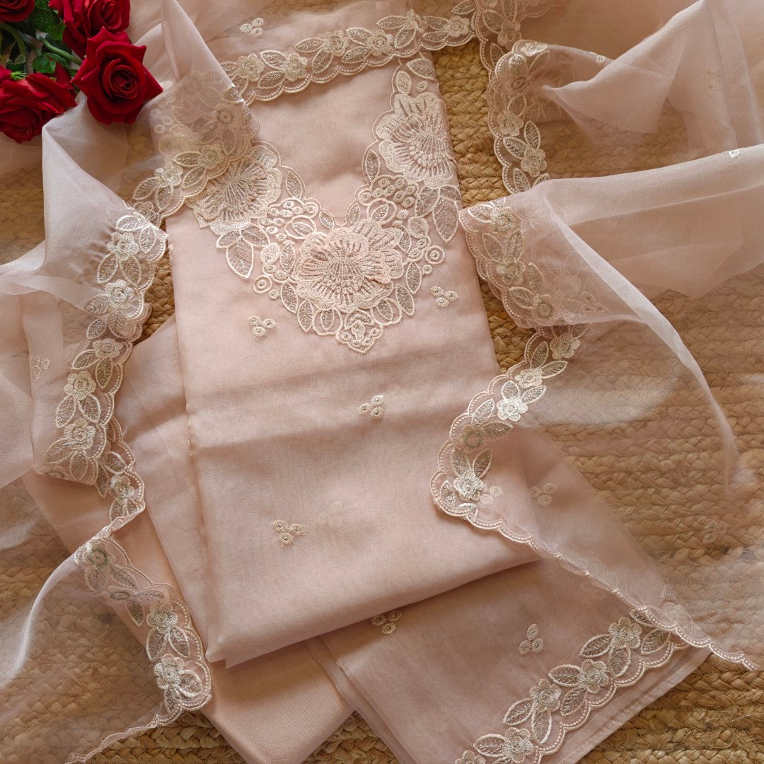 Onion Pink Organza Embroidery Unstitched Suit
