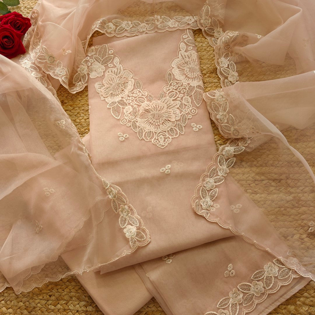 Onion Pink Organza Embroidery Unstitched Suit