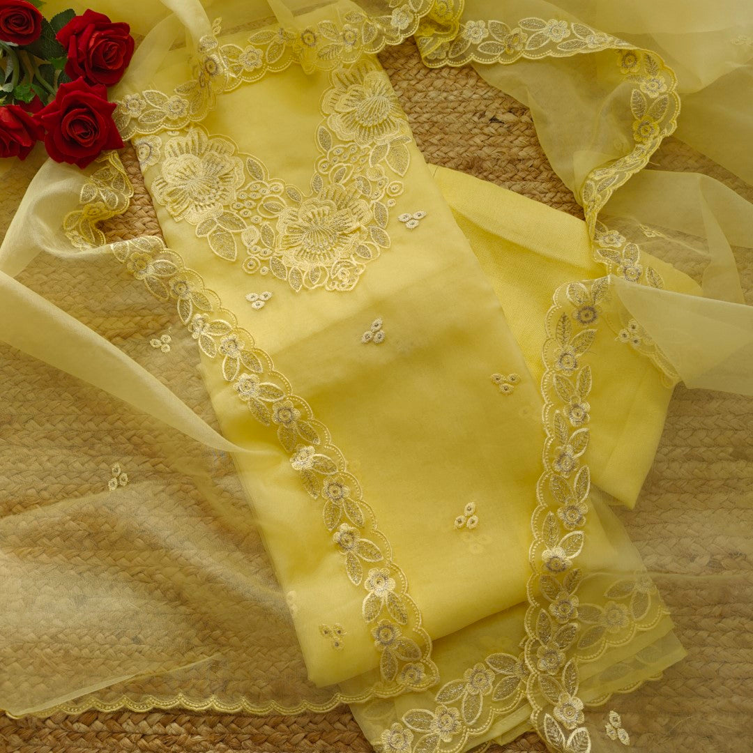 Yellow Organza Embroidery Unstitched Suit V neck