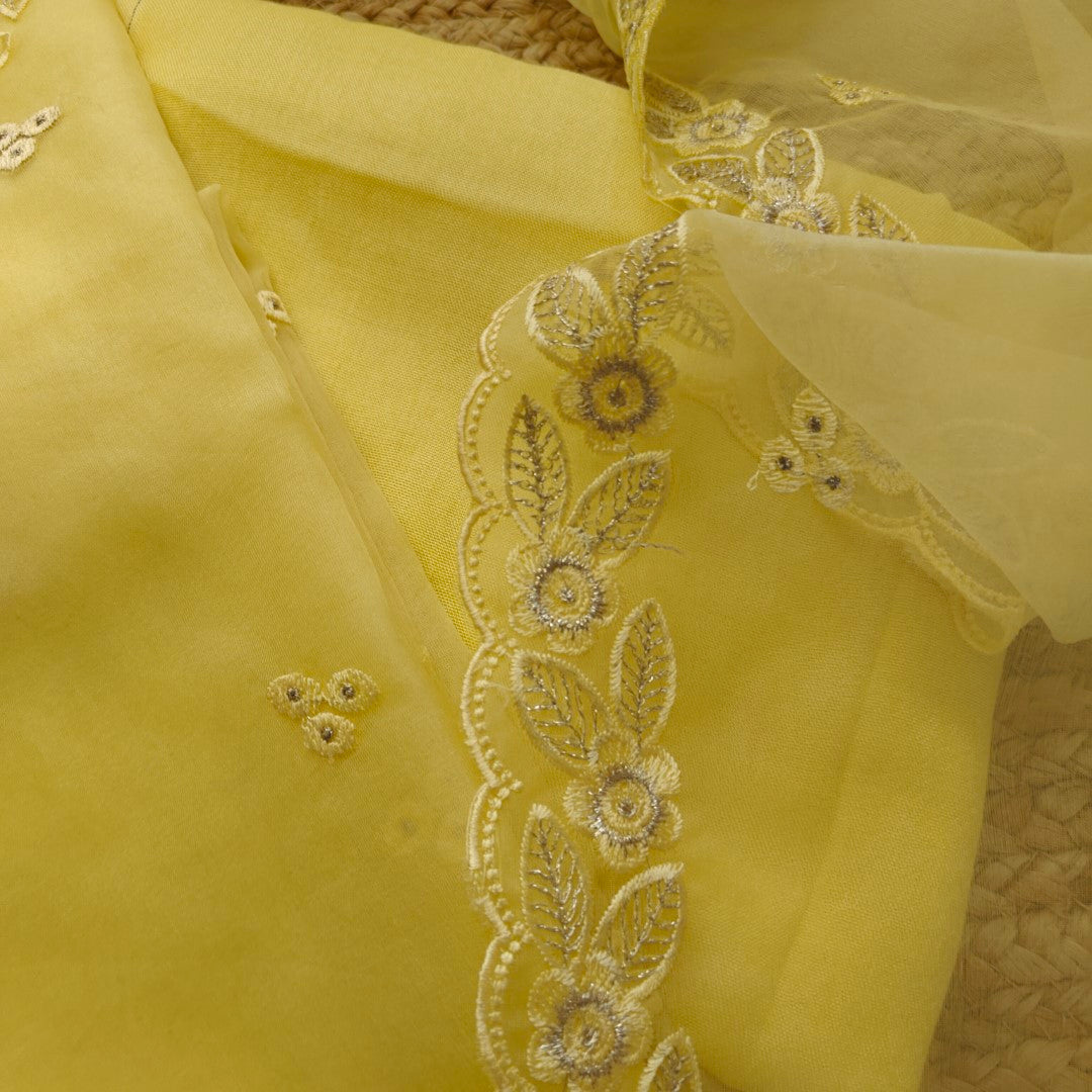 Yellow Organza Embroidery Unstitched Suit V neck
