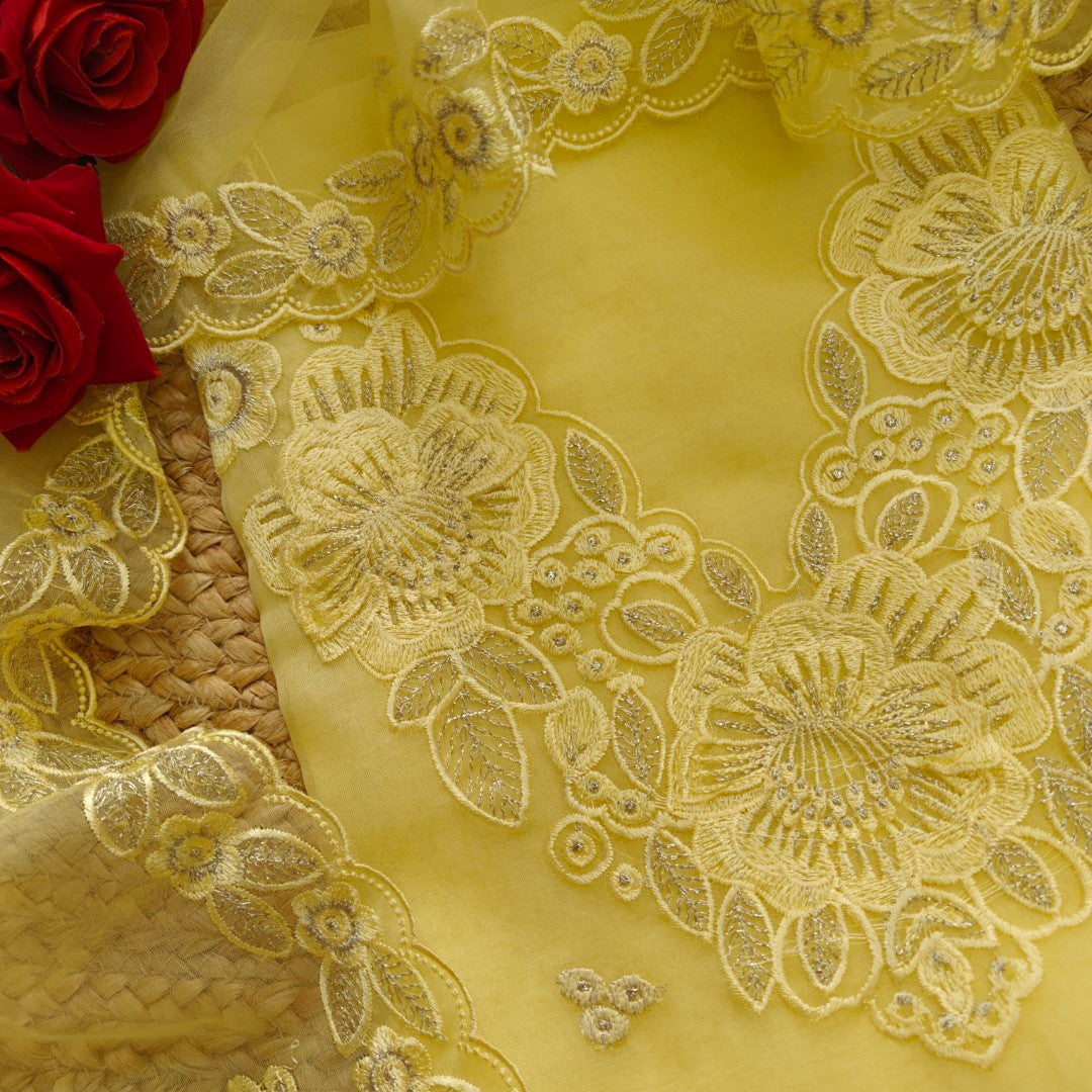 Yellow Organza Embroidery Unstitched Suit V neck