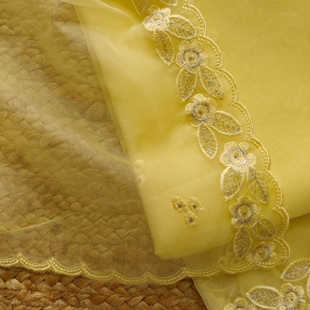 Yellow Organza Embroidery Unstitched Suit V neck