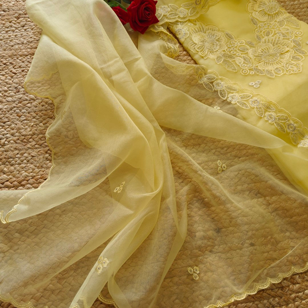 Yellow Organza Embroidery Unstitched Suit V neck