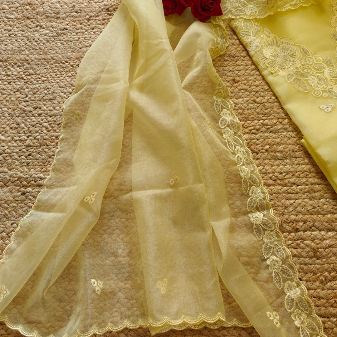 Yellow Organza Embroidery Unstitched Suit V neck