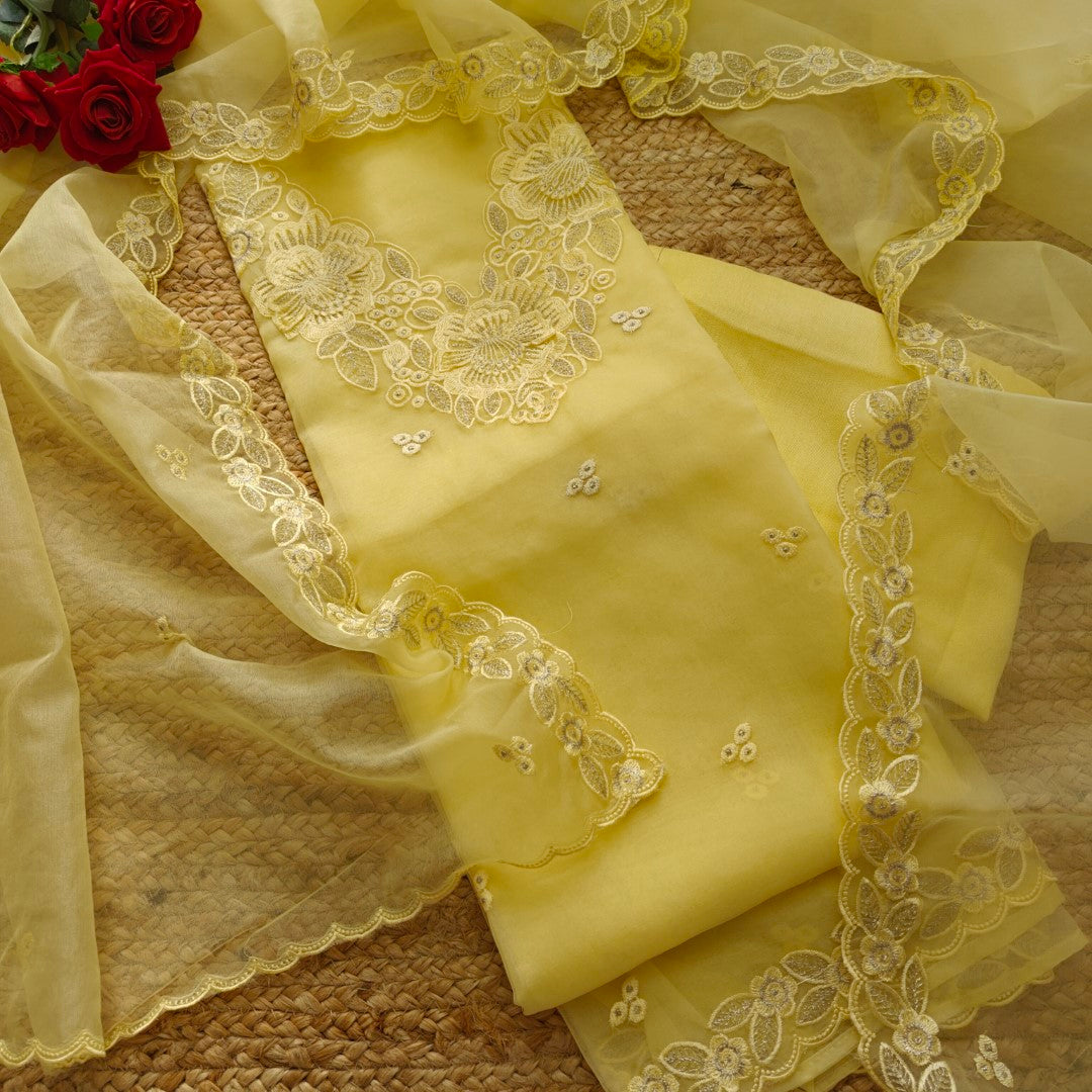 Yellow Organza Embroidery Unstitched Suit V neck