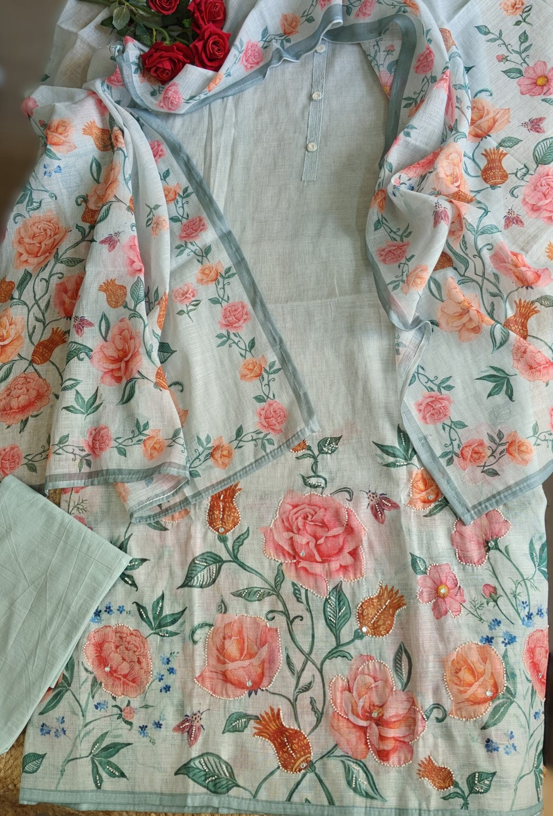 Linen Unstitched Salwar Suit with Embroidery rose Floral Print