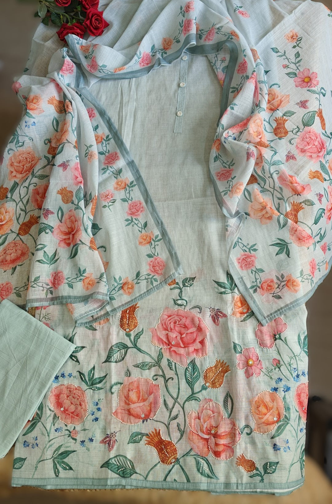 Linen Unstitched Salwar Suit with Embroidery rose Floral Print