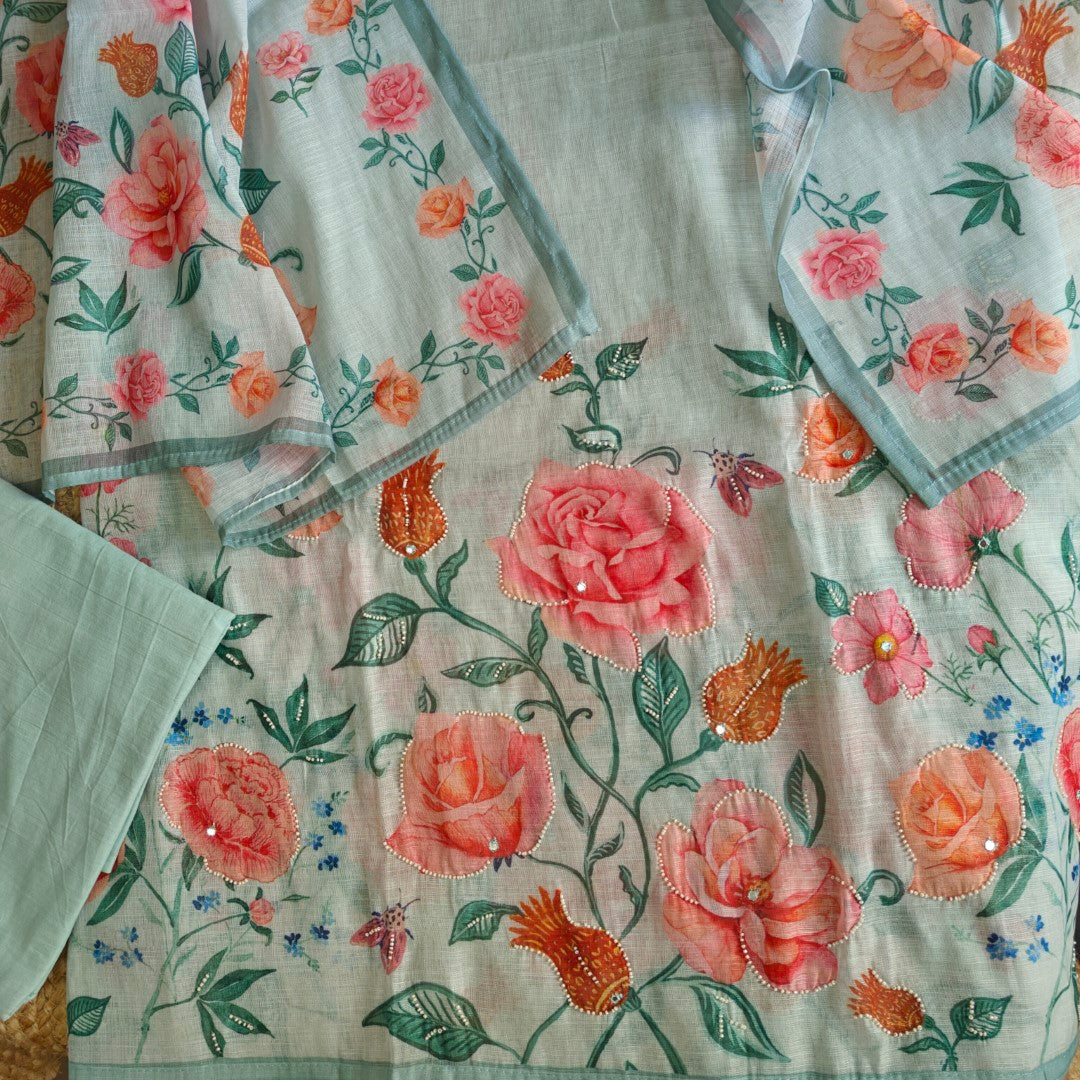 Linen Unstitched Salwar Suit with Embroidery rose Floral Print