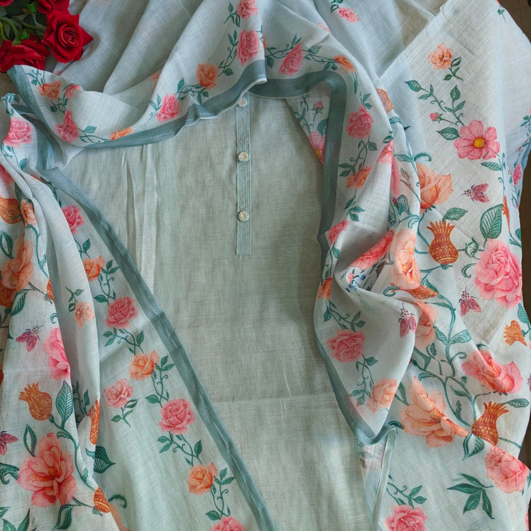 Linen Unstitched Salwar Suit with Embroidery rose Floral Print