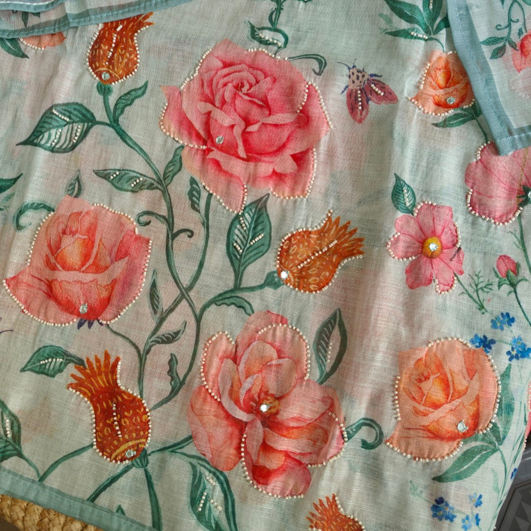 Linen Unstitched Salwar Suit with Embroidery rose Floral Print