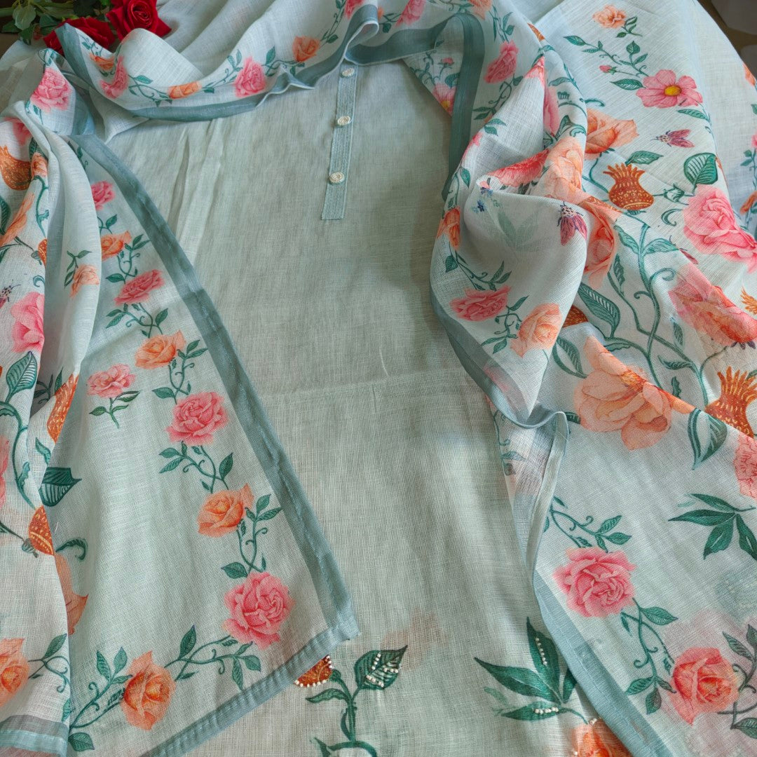 Linen Unstitched Salwar Suit with Embroidery rose Floral Print