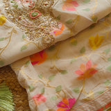 Off white Party wear Unstitched suit with colorfull weaving