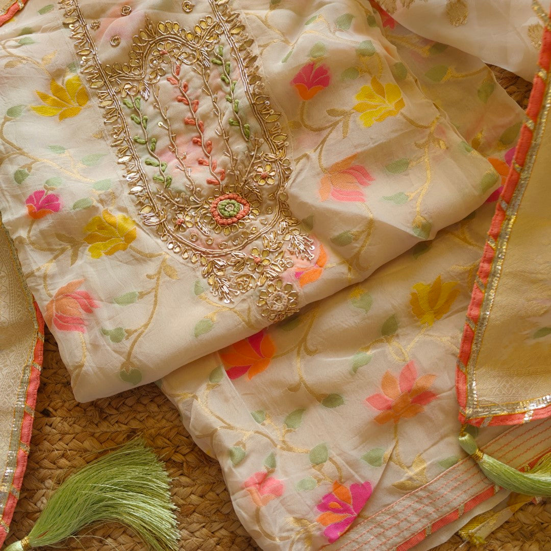 Off white Party wear Unstitched suit with colorfull weaving