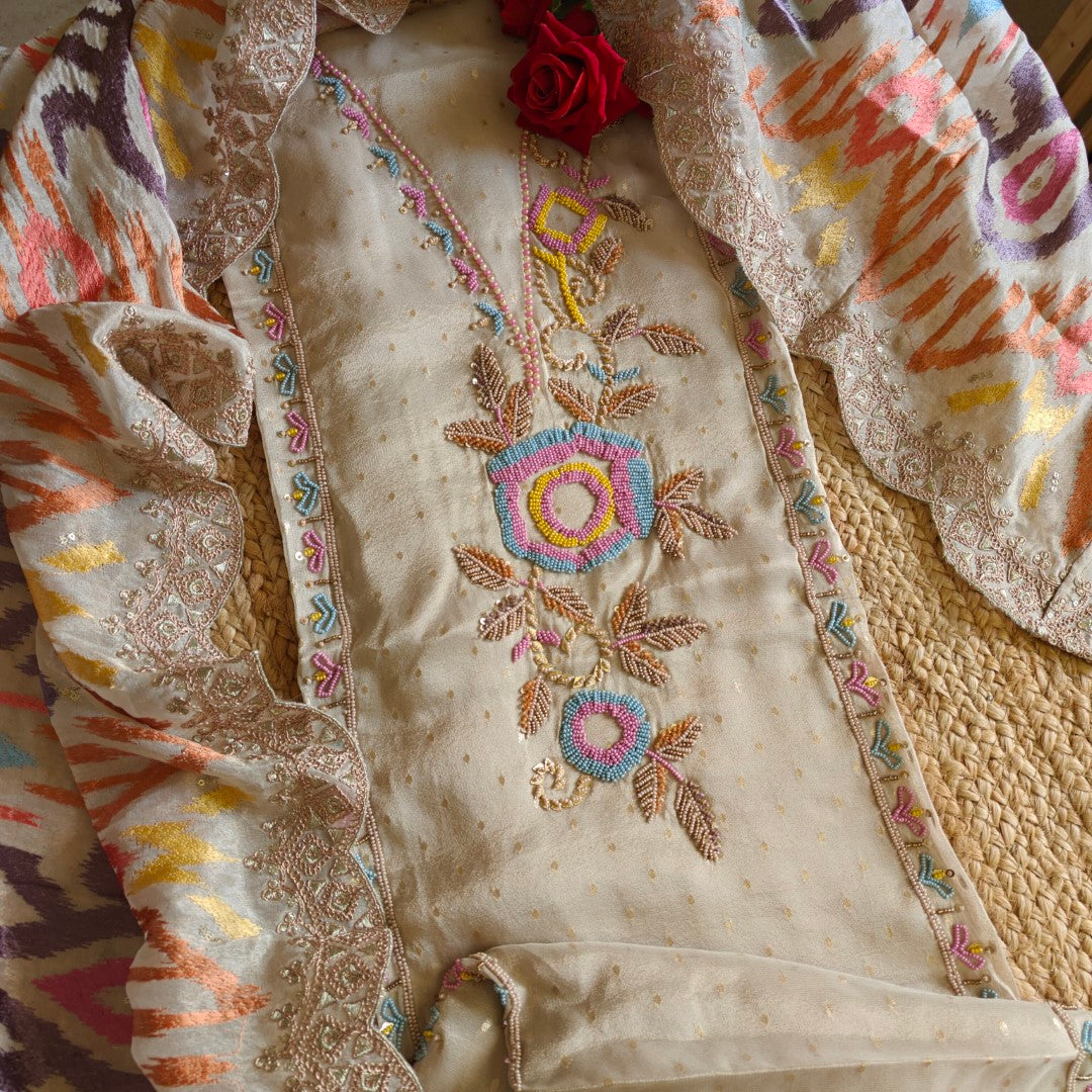 Sabyasachi concept Party wear Pearl work Dress material with Full dupatta weaving