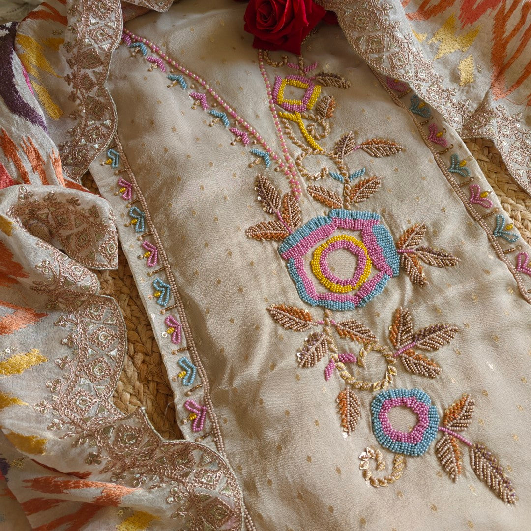 Sabyasachi concept Party wear Pearl work Dress material with Full dupatta weaving