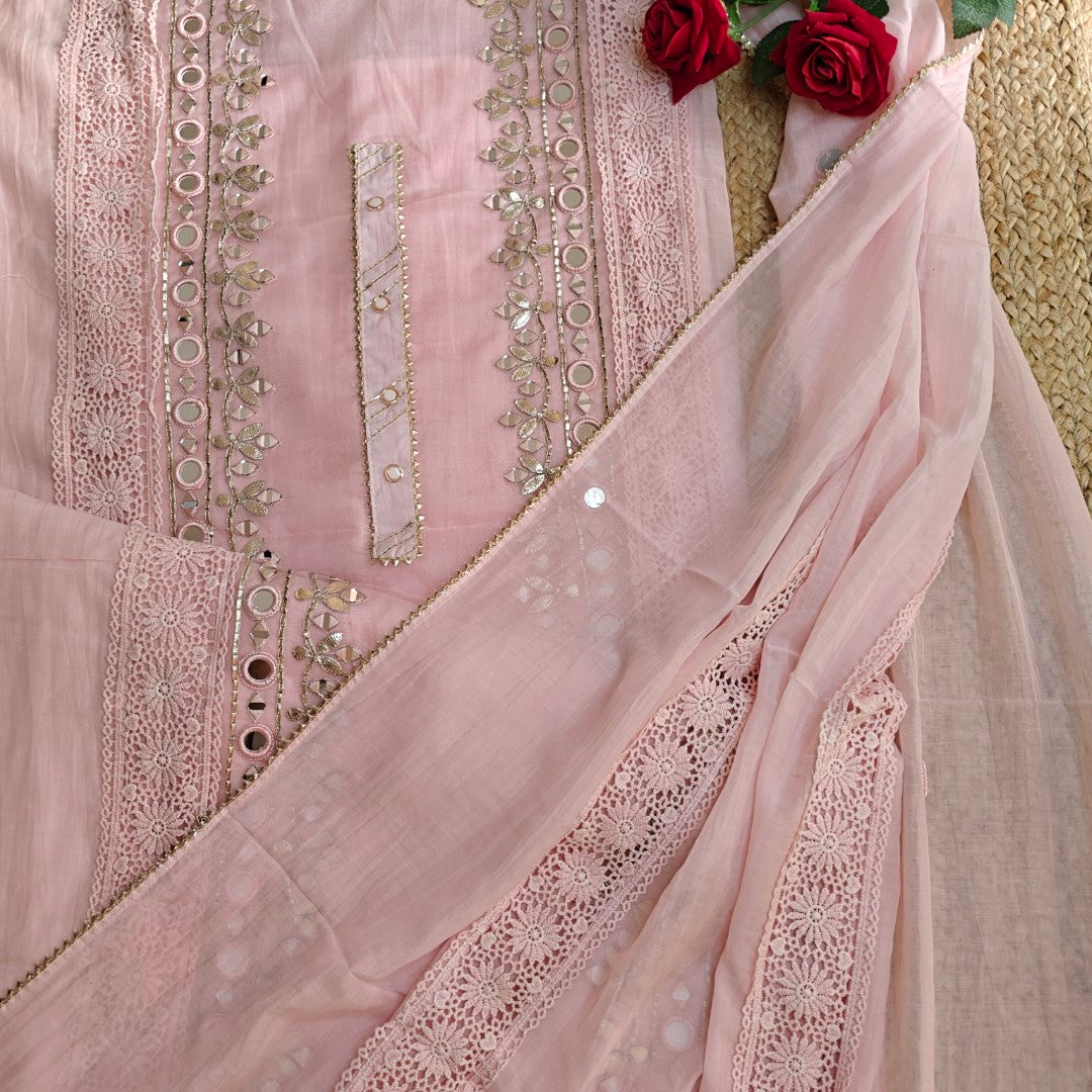 Pink Cotton Suit with Gotta and mirror embroidery