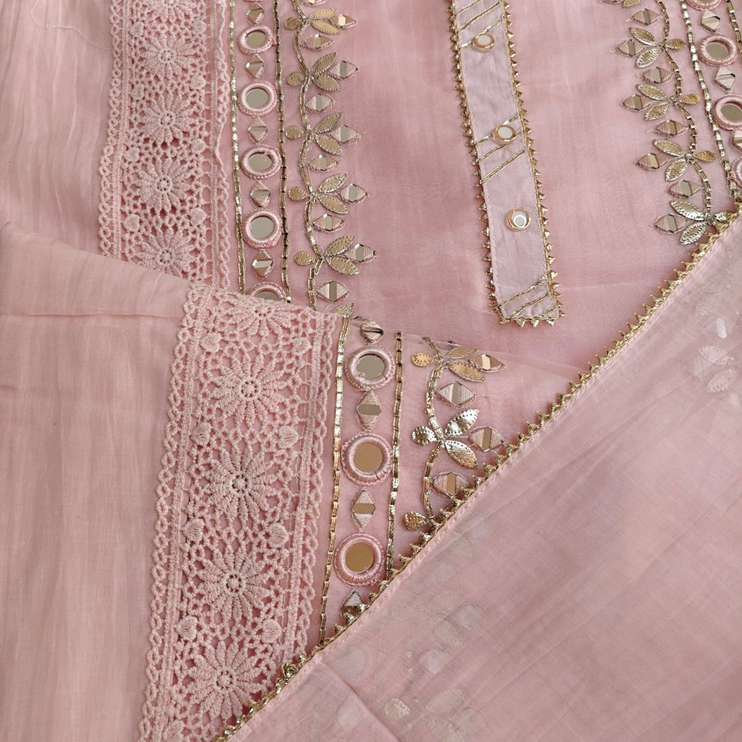 Pink Cotton Suit with Gotta and mirror embroidery