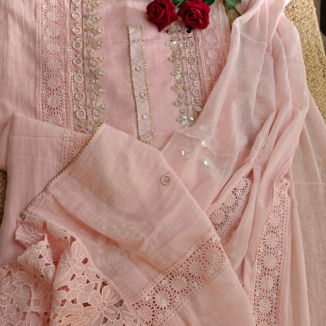 Pink Cotton Suit with Gotta and mirror embroidery