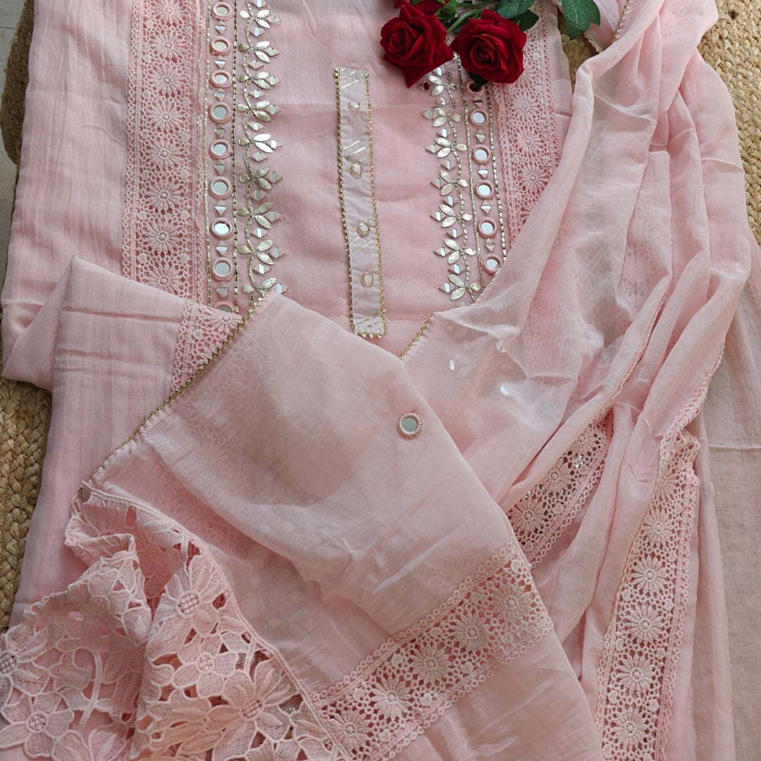 Pink Cotton Suit with Gotta and mirror embroidery