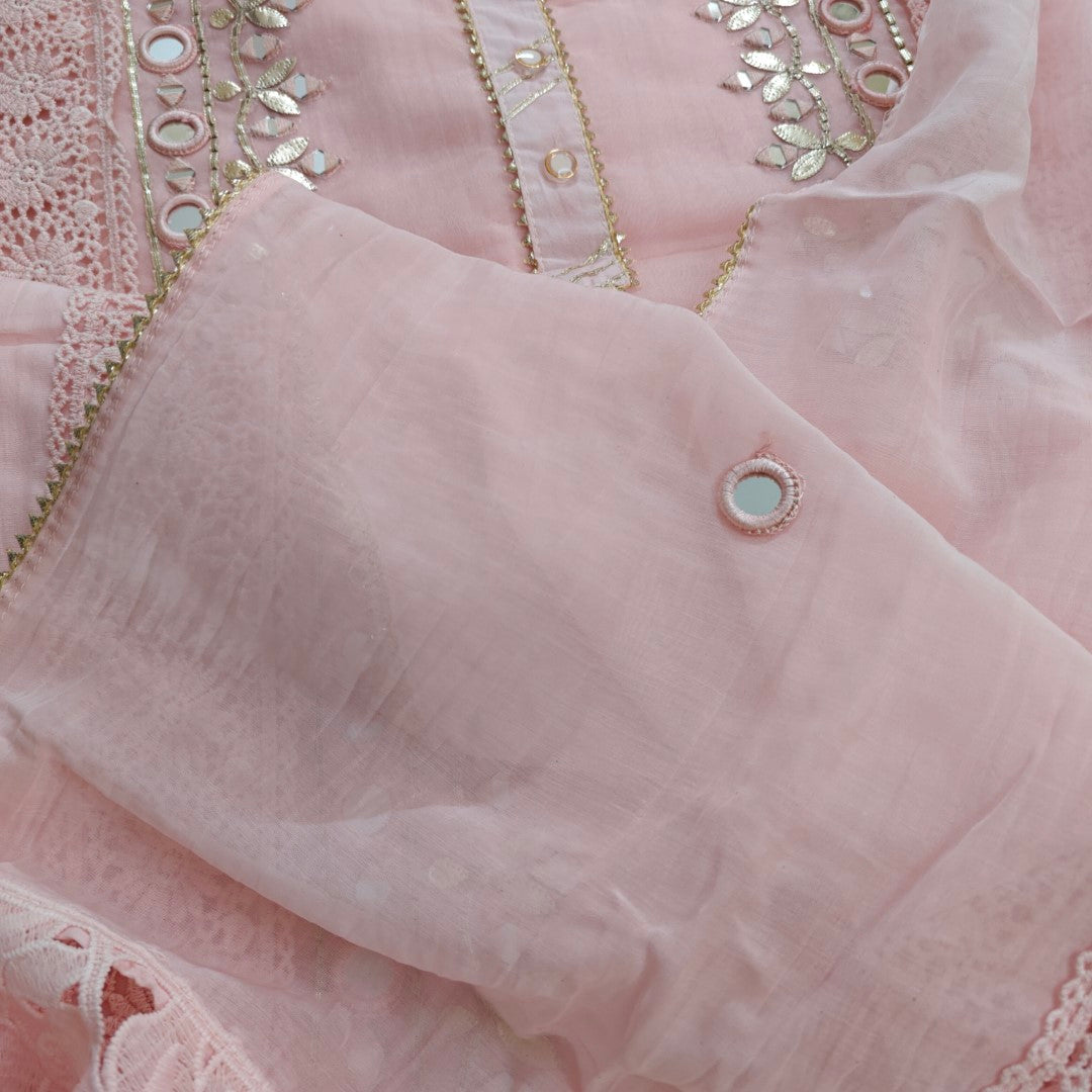 Pink Cotton Suit with Gotta and mirror embroidery