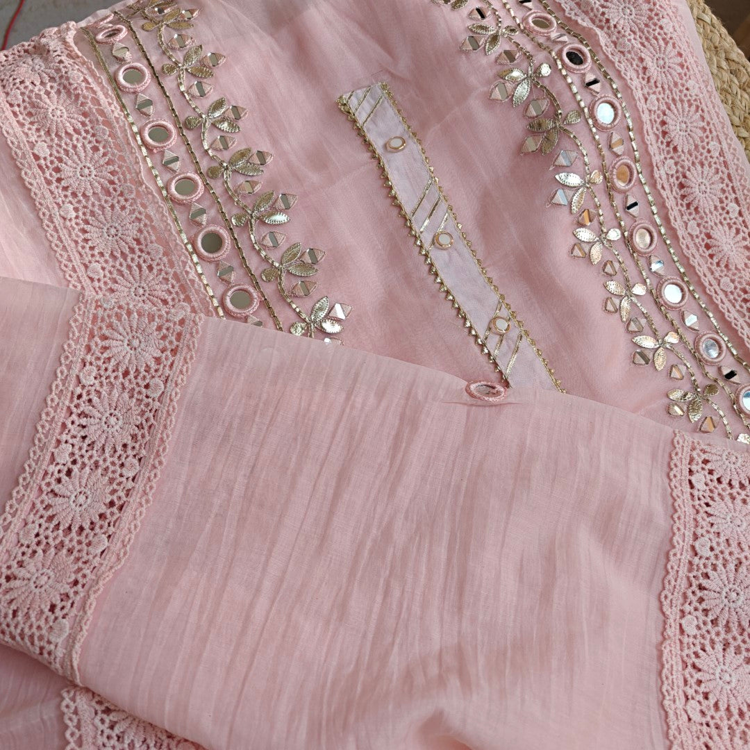 Pink Cotton Suit with Gotta and mirror embroidery