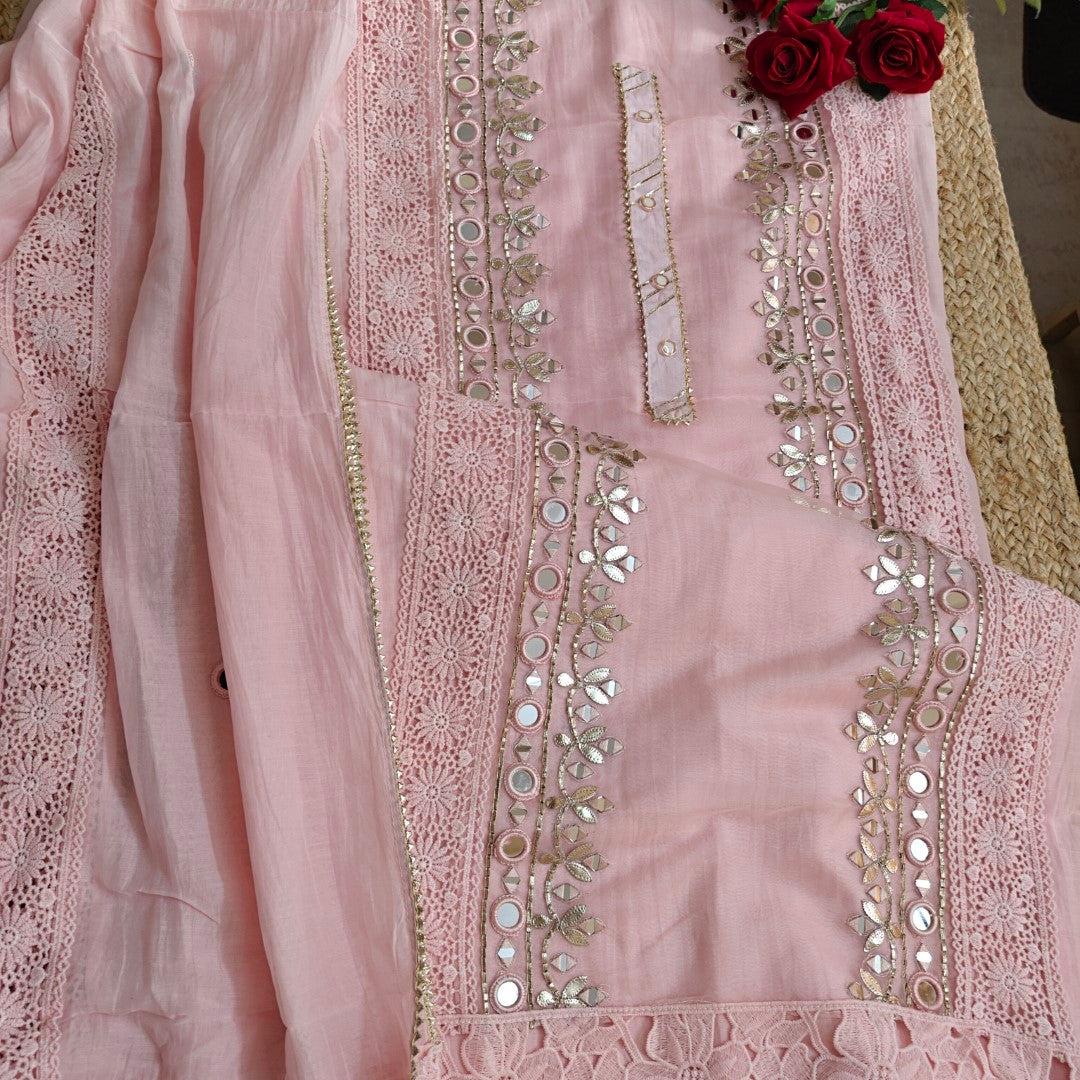 Pink Cotton Suit with Gotta and mirror embroidery