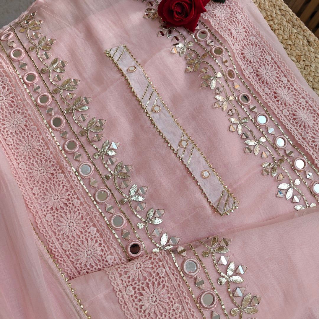 Pink Cotton Suit with Gotta and mirror embroidery