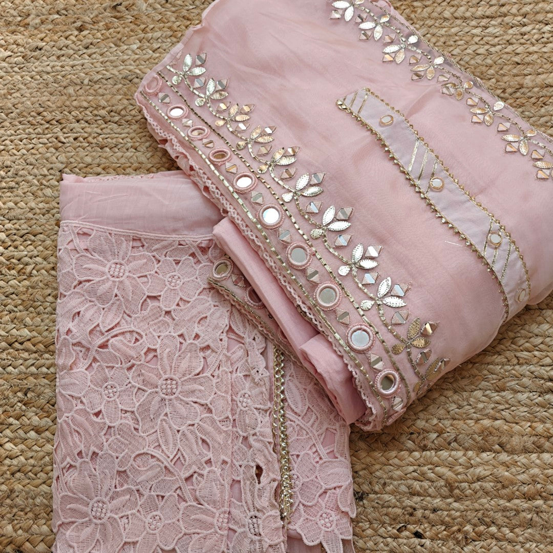 Pink Cotton Suit with Gotta and mirror embroidery