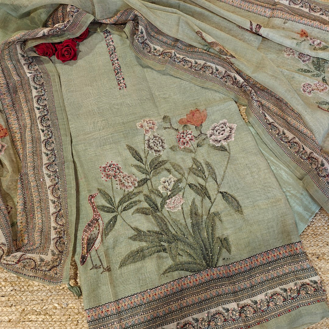 Designer unstitched salwar suit for festive occasions with shimmer texture and embroidery