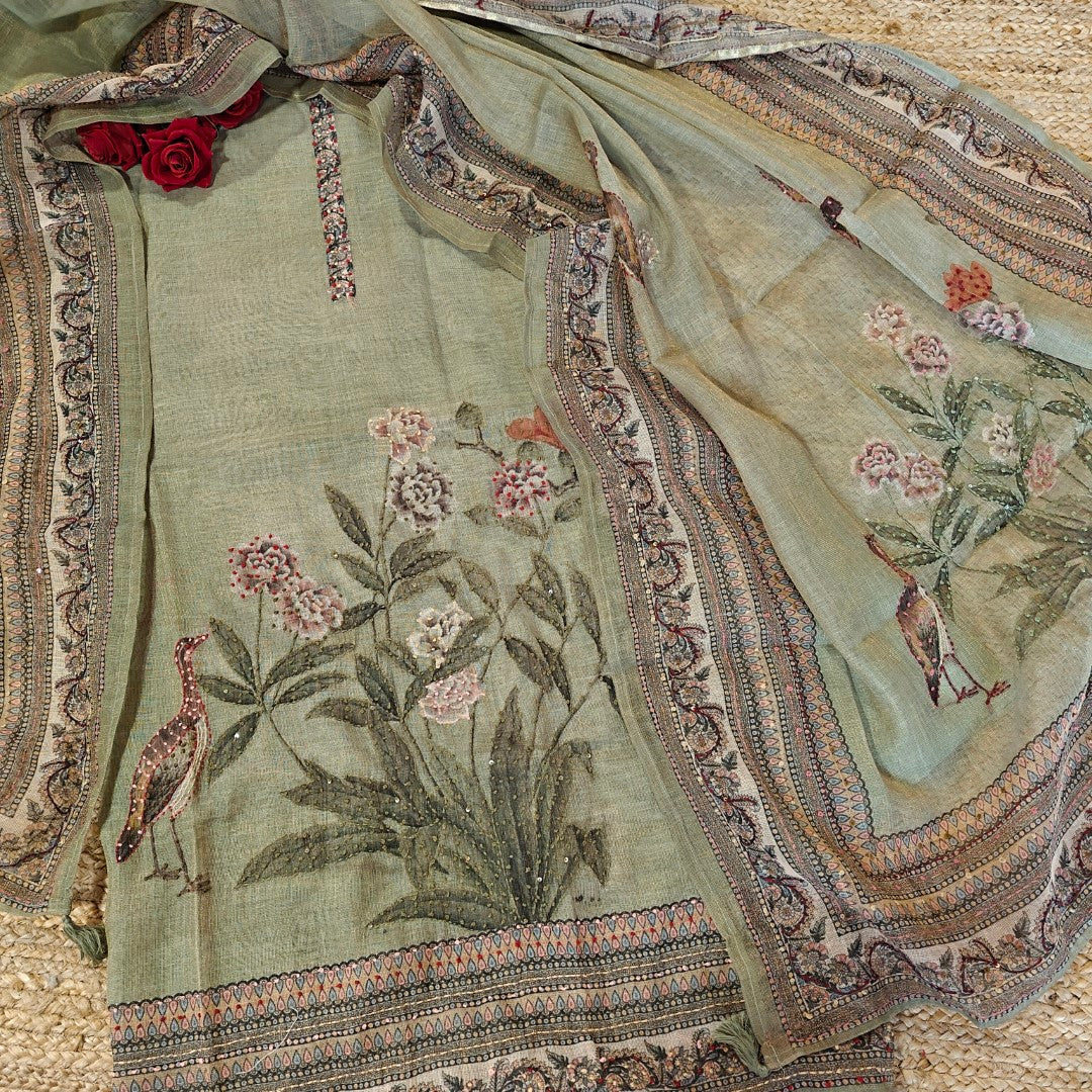 Shimmer linen unstitched salwar suit fabric with knot embroidery, bird and floral print