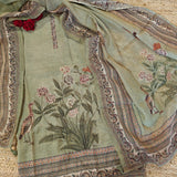 Shimmer linen unstitched salwar suit fabric with knot embroidery, bird and floral print