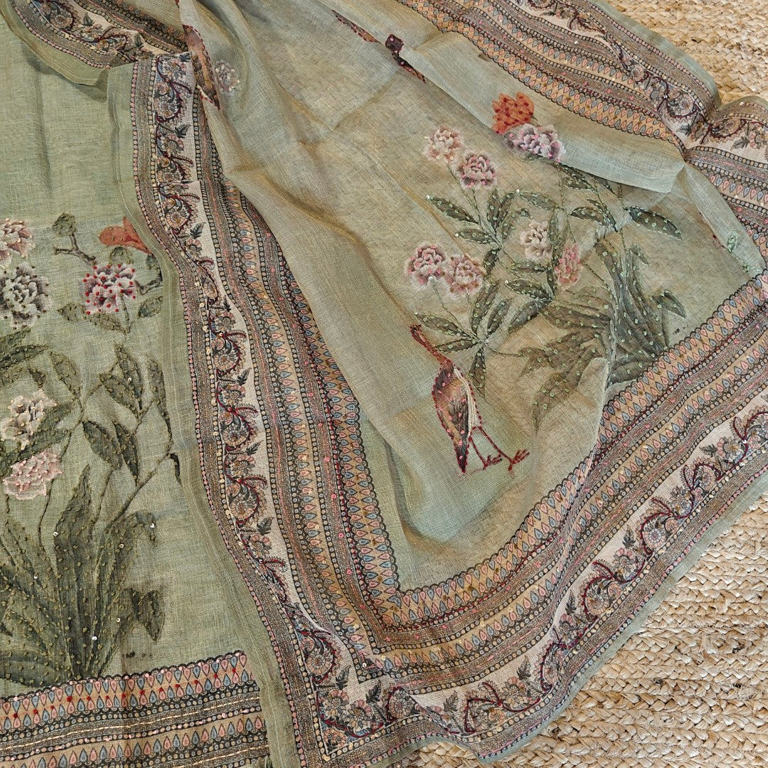 Shimmer Linen Unstitched Salwar Suit with Knot Embroidery and Bird Floral Print