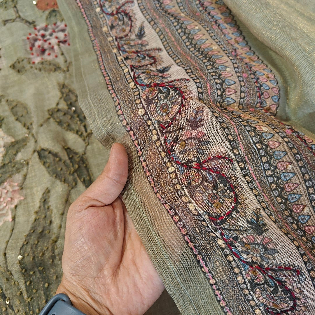 Shimmer Linen Unstitched Salwar Suit with Knot Embroidery and Bird Floral Print