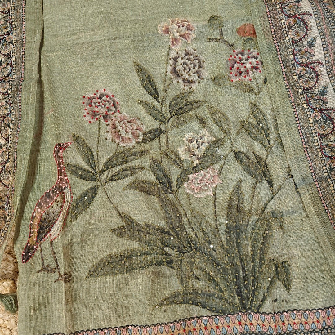 Indian ethnic dress material in linen with knot embroidery and bird floral design