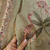 Shimmer Linen Unstitched Salwar Suit with Knot Embroidery and Bird Floral Print