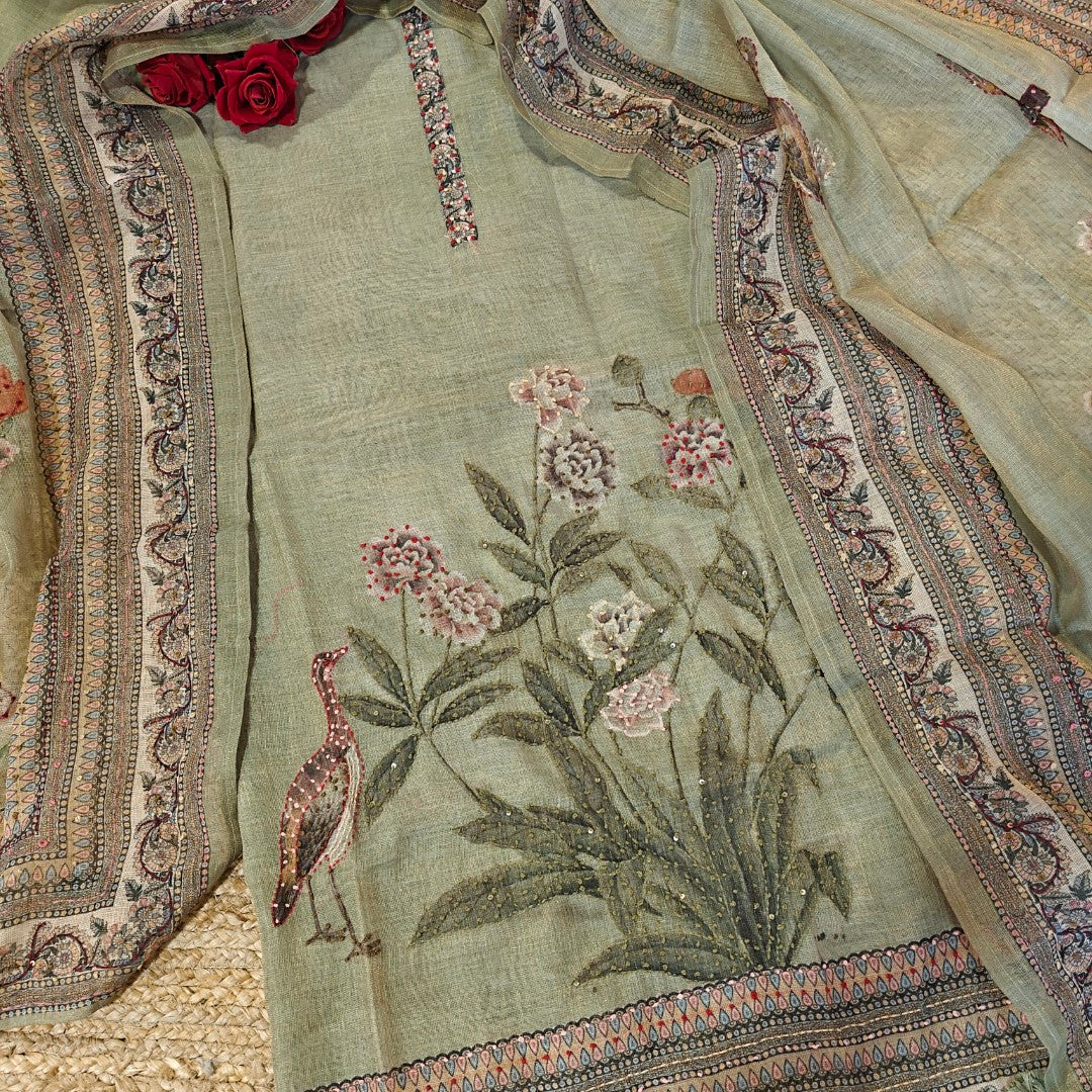 Unstitched shimmer linen salwar kameez material with detailed embroidery and floral motifs