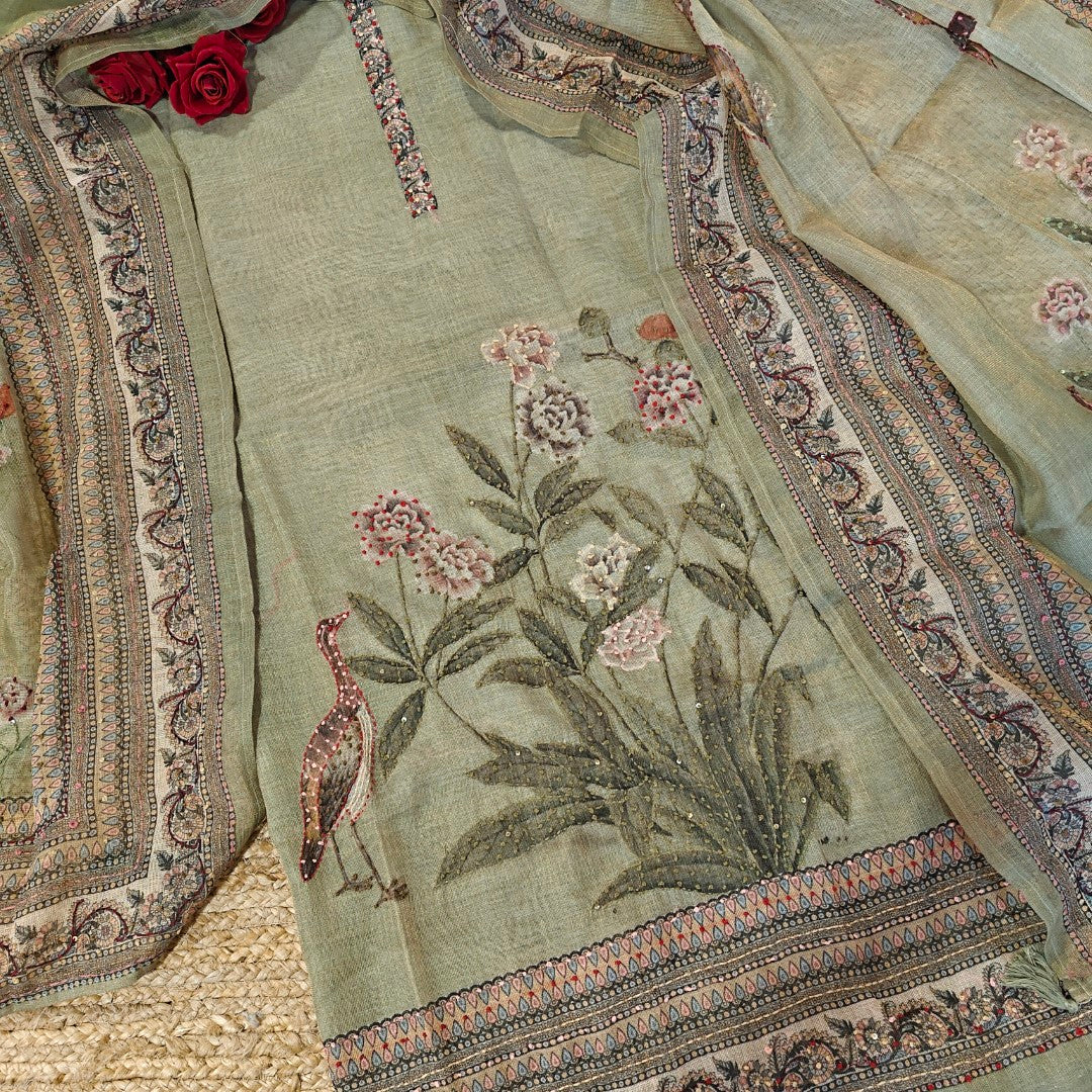 Shimmer Linen Unstitched Salwar Suit with Knot Embroidery and Bird Floral Print