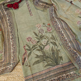 Shimmer Linen Unstitched Salwar Suit with Knot Embroidery and Bird Floral Print