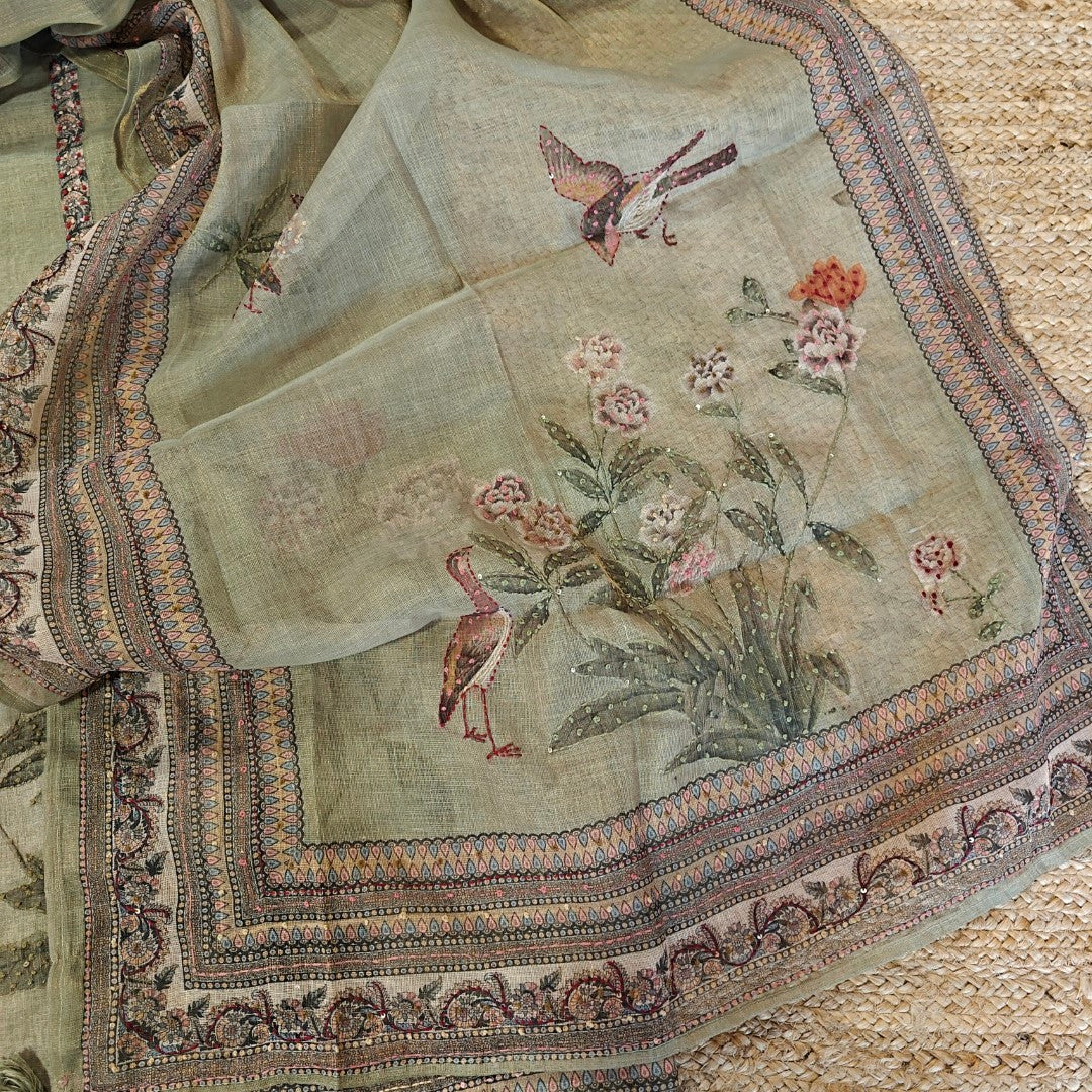 Premium linen salwar suit fabric with intricate hand embroidery and printed motifs