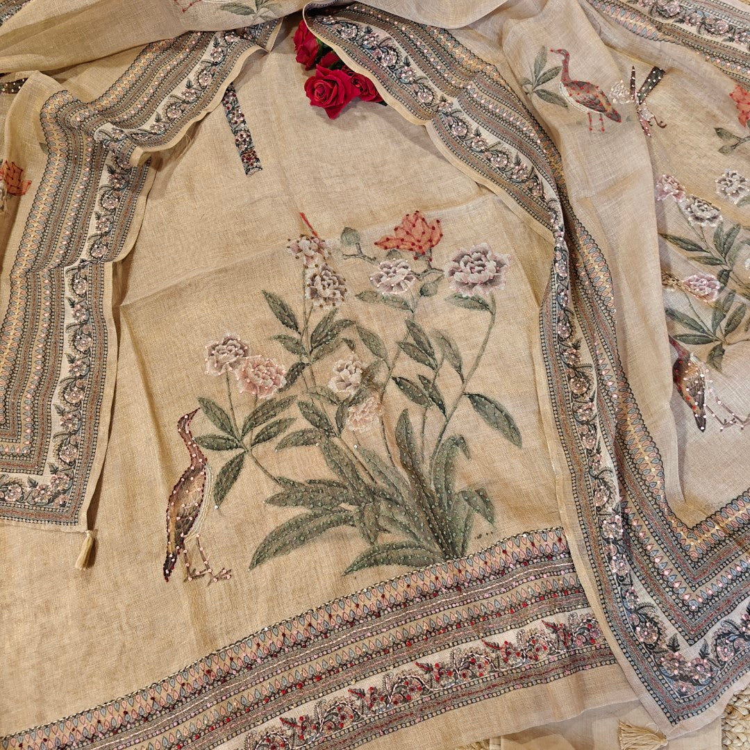 Bird motif Beige Linen shimmer dress material with Knot work