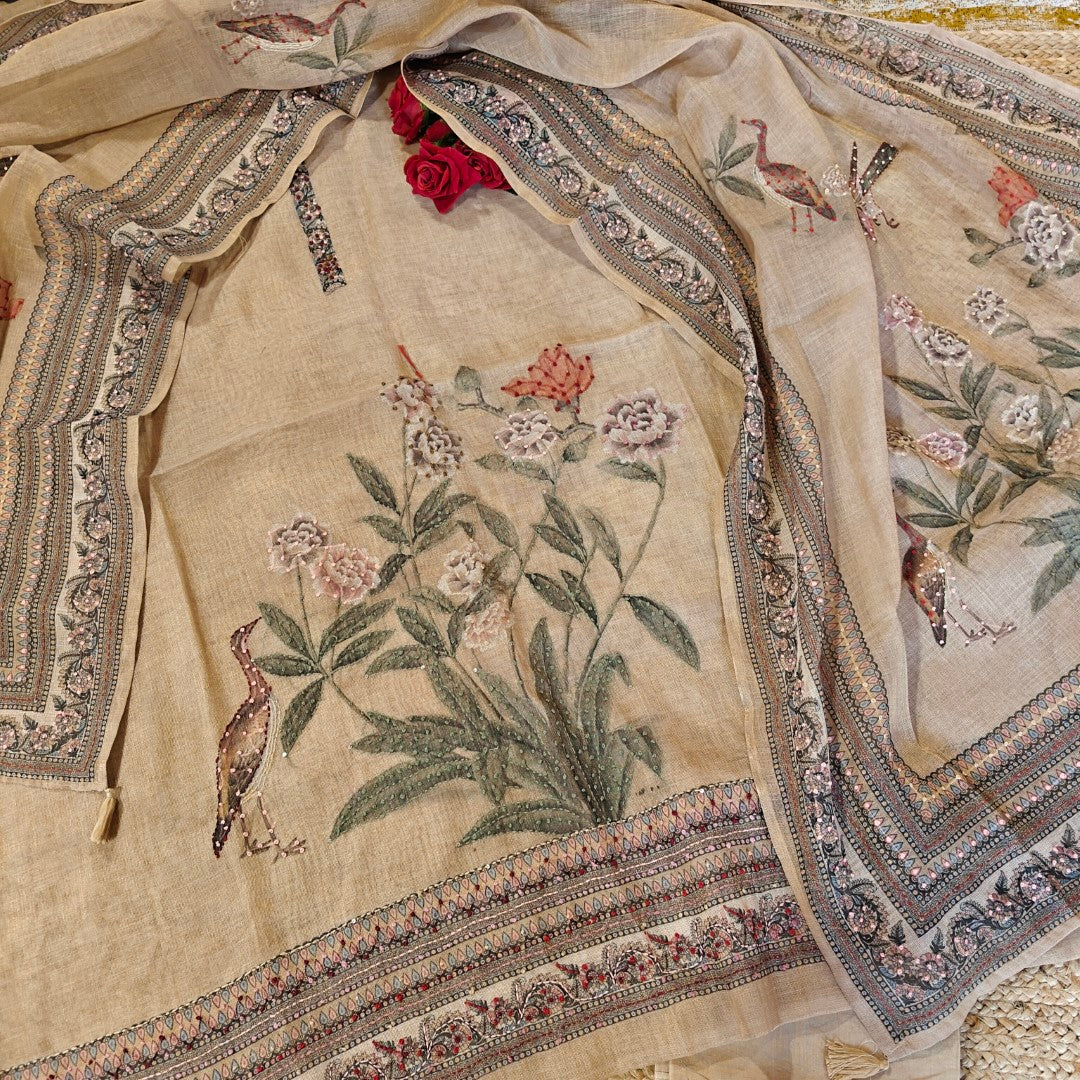 Bird motif Beige Linen shimmer dress material with Knot work