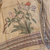 Bird motif Beige Linen shimmer dress material with Knot work